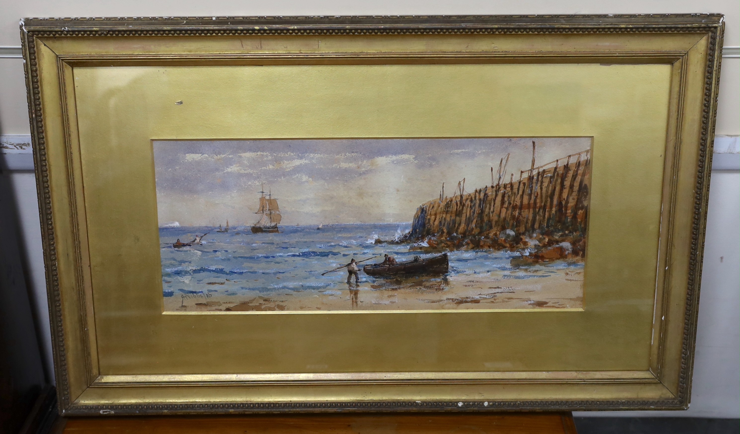 Richard Henry Nibbs (1816-1893), watercolour, Fisherfolk along the coast, signed and dated '86, 20 x 48cm
